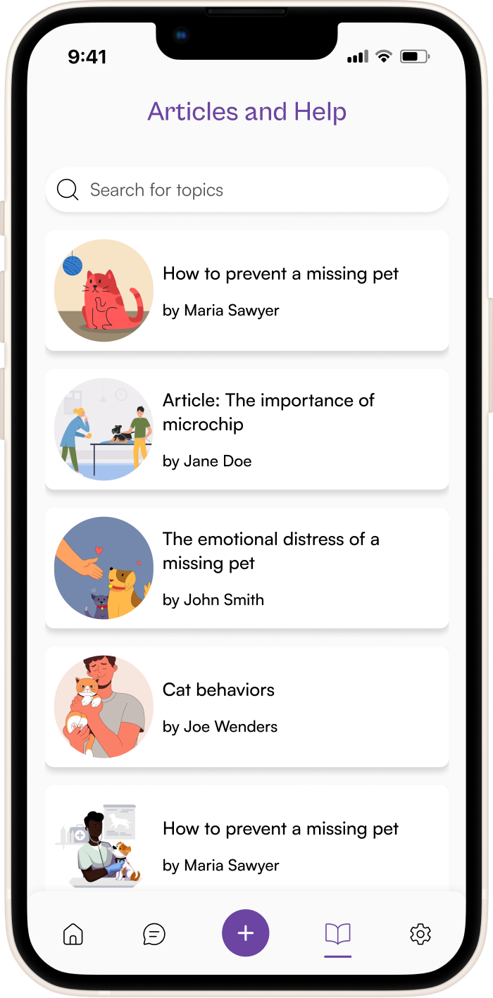 Smartphone screen showing a pet tracking app in “List” view mode. The interface displays a search bar labeled “Search for pets,” with “List” selected at the top and a red banner titled “Kiko’s report.” The first card shows a dog named Kiko, marked “Missing 2 days ago,” located 0.7 km away, with a red “Missing” tag. Below, another card shows a “Cat” found 4 days ago, 0.5 km away, with an orange “Spotted” tag. A third card partially visible shows a pet named Kaia. Navigation icons for map, list, add, and home appear at the bottom.