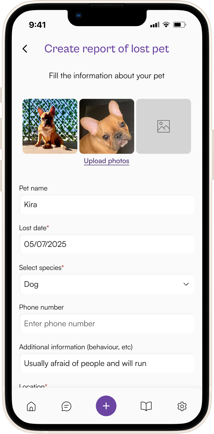 Smartphone screen displaying a pet tracking mobile app interface with a city map view. The app shows a search bar labeled “Search for pets,” a highlighted “Map” tab, and a pet marker on the map labeled “Open Kiko’s report.” The marker includes a circular photo of a dog named Kiko. The map features city streets with visible labels such as José Ignacio and Gral. Oblatos. A blue dot indicates the user’s current location. Navigation icons for “Map,” “List,” “Filters,” and a purple “+” action button appear at the bottom.