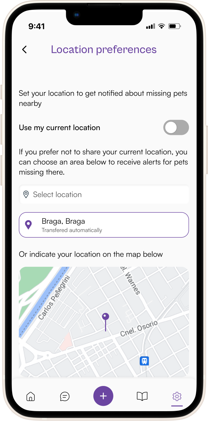 Smartphone screen showing a pet tracking app in “List” view mode. The interface displays a search bar labeled “Search for pets,” with “List” selected at the top and a red banner titled “Kiko’s report.” The first card shows a dog named Kiko, marked “Missing 2 days ago,” located 0.7 km away, with a red “Missing” tag. Below, another card shows a “Cat” found 4 days ago, 0.5 km away, with an orange “Spotted” tag. A third card partially visible shows a pet named Kaia. Navigation icons for map, list, add, and home appear at the bottom.