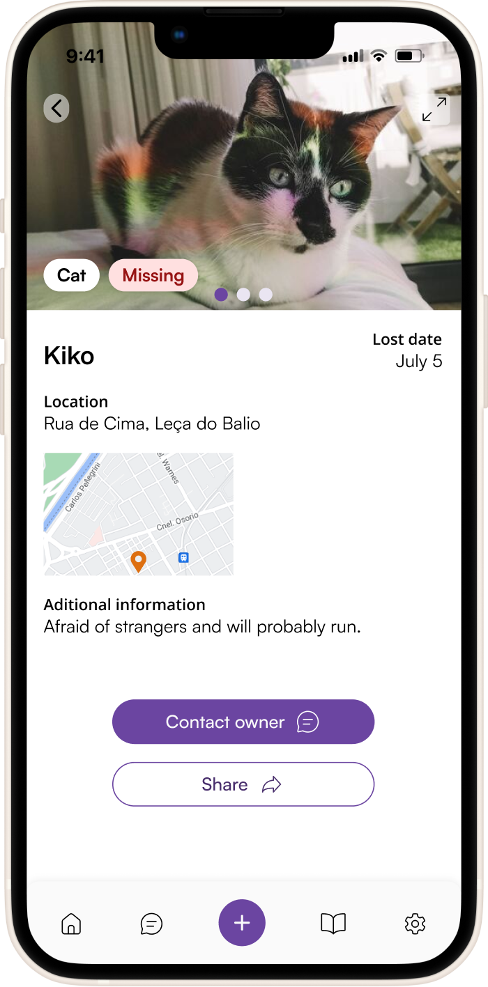 Smartphone screen showing a pet tracking app in “List” view mode. The interface displays a search bar labeled “Search for pets,” with “List” selected at the top and a red banner titled “Kiko’s report.” The first card shows a dog named Kiko, marked “Missing 2 days ago,” located 0.7 km away, with a red “Missing” tag. Below, another card shows a “Cat” found 4 days ago, 0.5 km away, with an orange “Spotted” tag. A third card partially visible shows a pet named Kaia. Navigation icons for map, list, add, and home appear at the bottom.