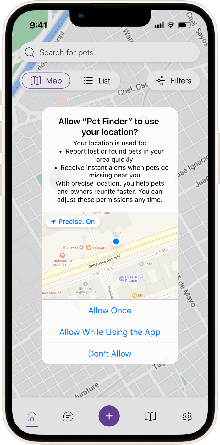 Smartphone screen displaying a pet tracking mobile app interface with a city map view. The app shows a search bar labeled “Search for pets,” a highlighted “Map” tab, and a pet marker on the map labeled “Open Kiko’s report.” The marker includes a circular photo of a dog named Kiko. The map features city streets with visible labels such as José Ignacio and Gral. Oblatos. A blue dot indicates the user’s current location. Navigation icons for “Map,” “List,” “Filters,” and a purple “+” action button appear at the bottom.