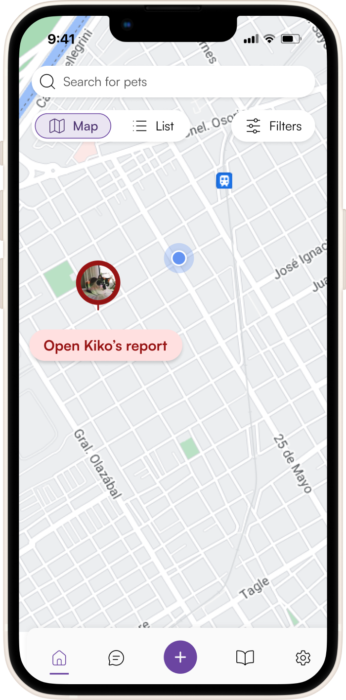 Smartphone screen displaying a pet tracking mobile app interface with a city map view. The app shows a search bar labeled “Search for pets,” a highlighted “Map” tab, and a pet marker on the map labeled “Open Kiko’s report.” The marker includes a circular photo of a dog named Kiko. The map features city streets with visible labels such as José Ignacio and Gral. Oblatos. A blue dot indicates the user’s current location. Navigation icons for “Map,” “List,” “Filters,” and a purple “+” action button appear at the bottom.